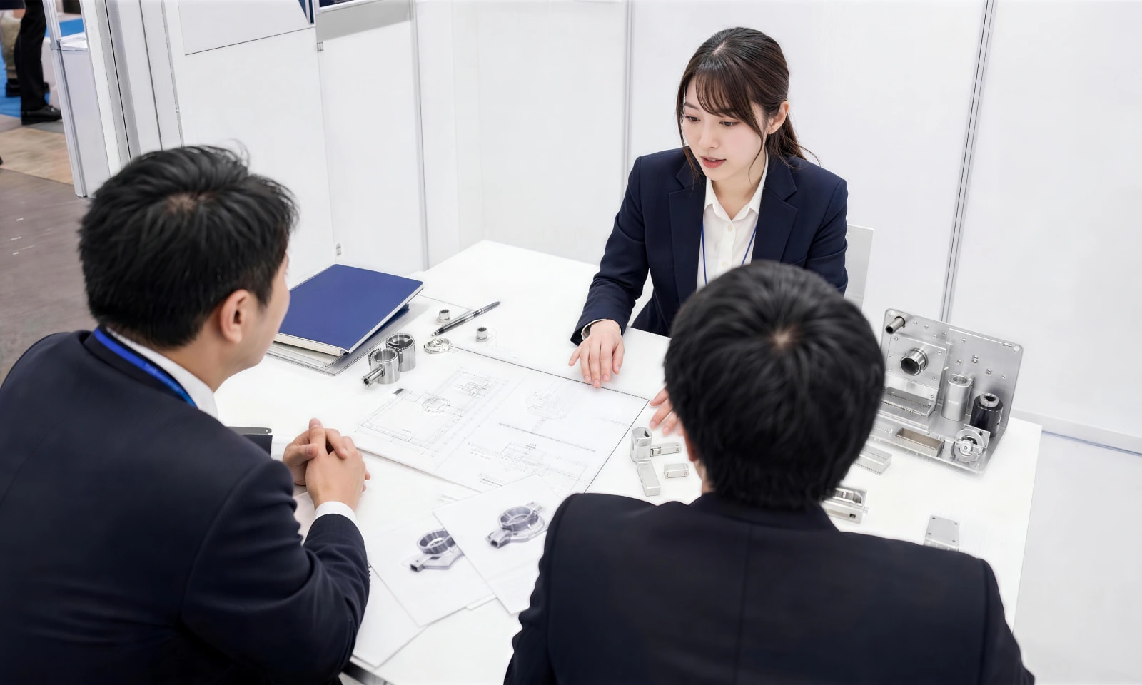 展示製品を囲んで商談する出展者と来場者